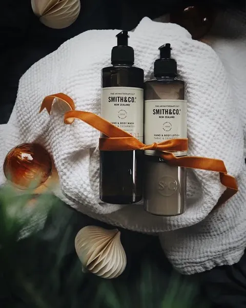 Body care bottles wrapped with ribbon