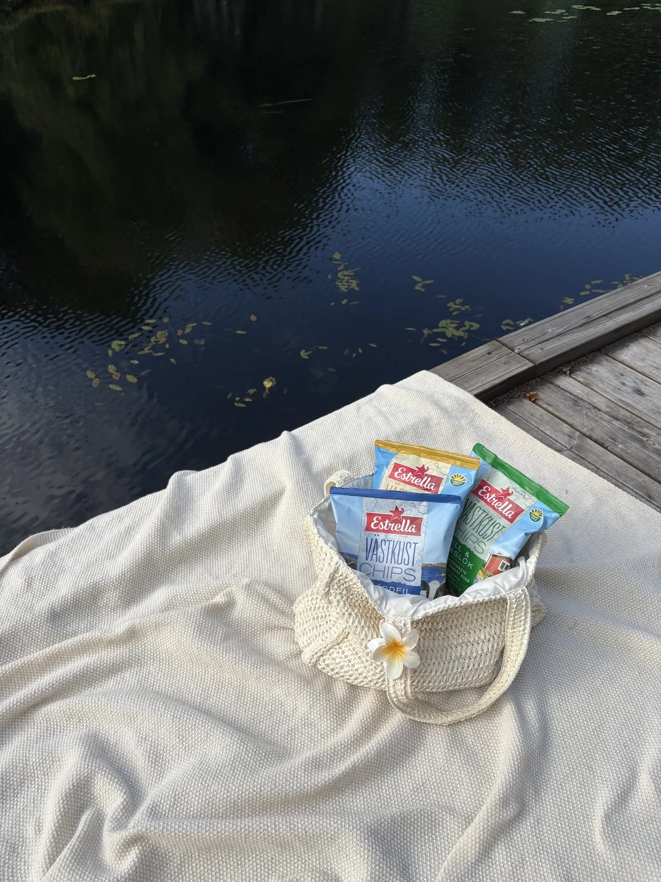 Estrella snack bags on a picnic blanket by the water