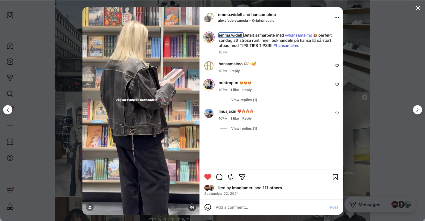 Instagram post from emma.widell and hansamalmo showing a visit to the bookshop at Hansa