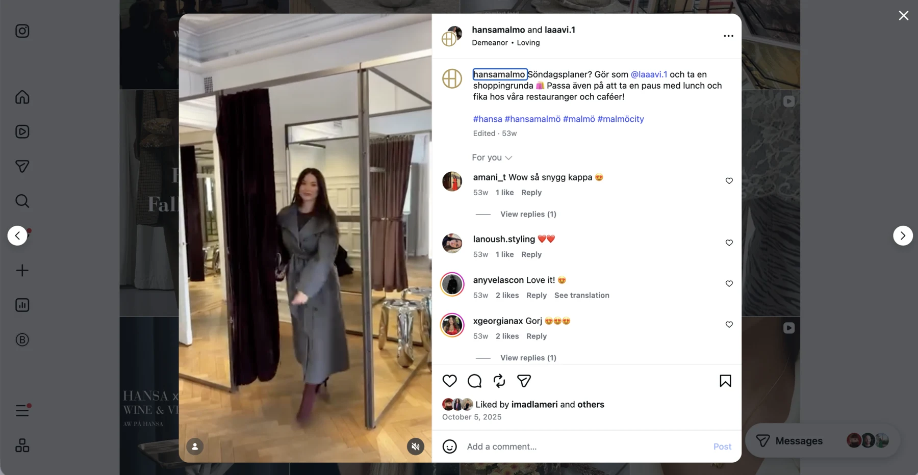 Instagram post from hansamalmo and laaavi.1 showing a shopping visit at Hansa