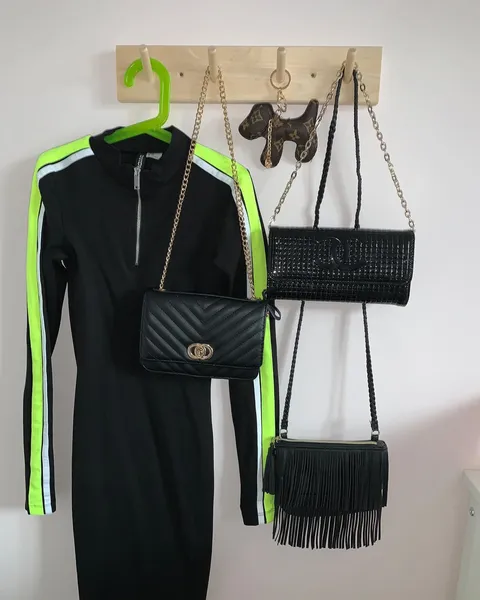 Accessories and clothing on wall hooks