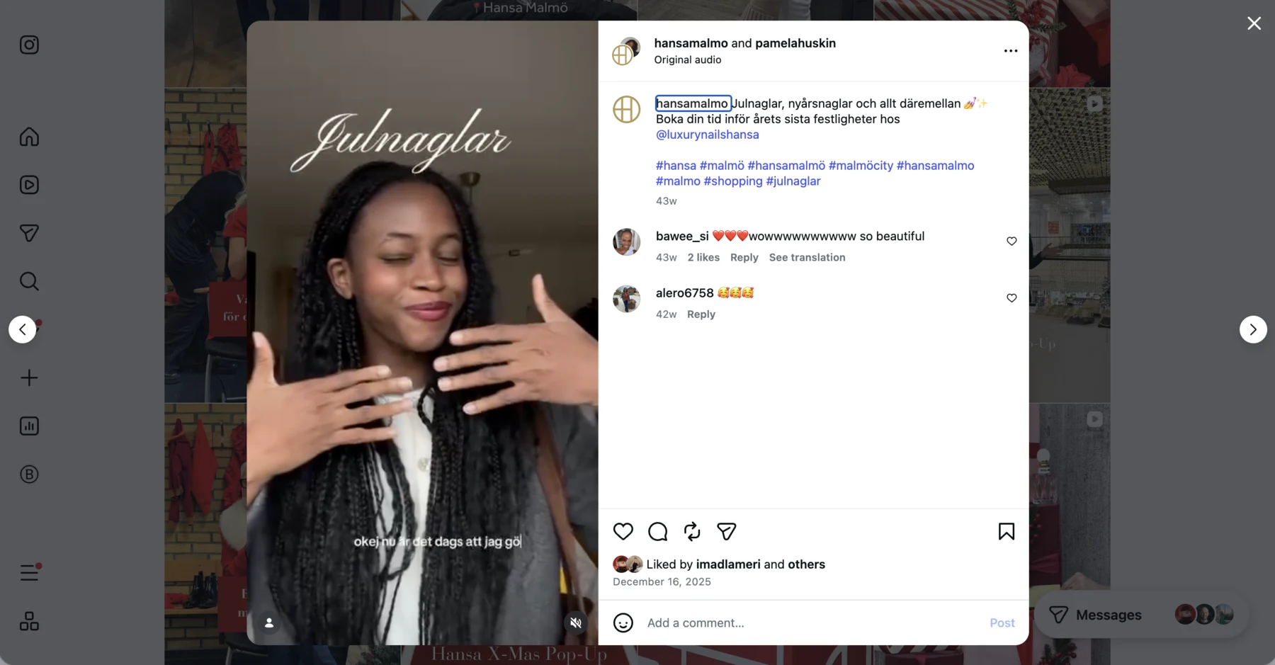 Instagram post from hansamalmo and pamelahuskin showing nail styling at Hansa