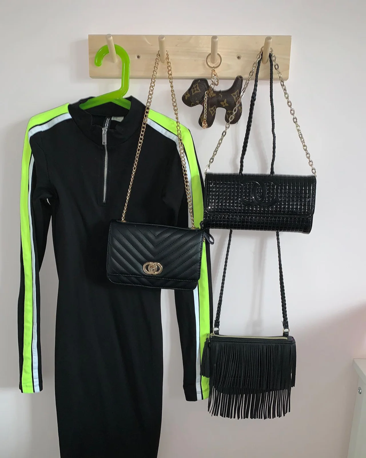 Accessories and clothing on wall hooks